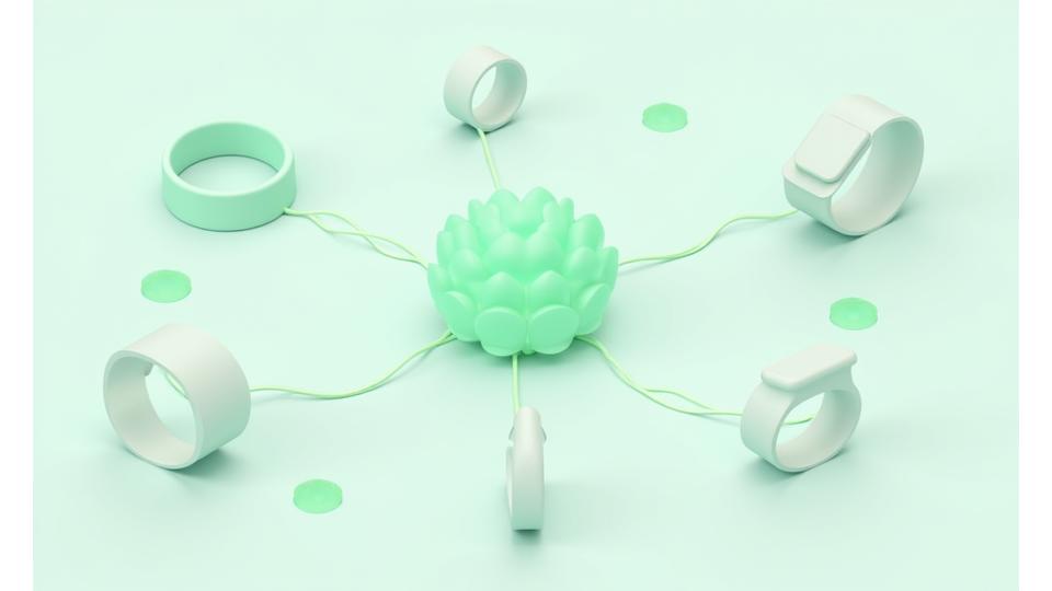 A visual representation of multiple popular wearable devices (Apple Watch, Fitbit, Garmin, Oura ring) intricately connected to a central Vigor Bloom platform icon, with data flowing between them, symbolizing seamless integration.