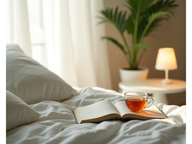 Person relaxing in a calm bedroom, representing sleep hygiene