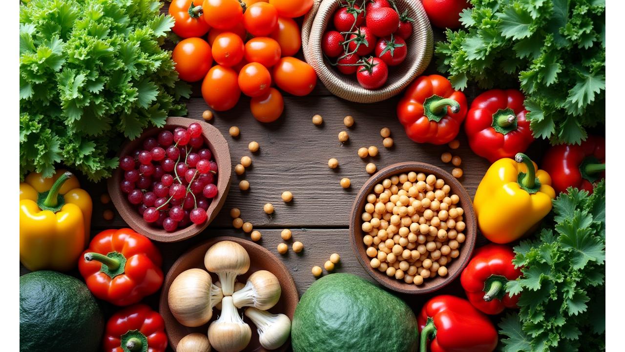 A colorful array of fresh, organic vegetables, fruits, and legumes on a rustic wooden table, possibly from a farmers market.